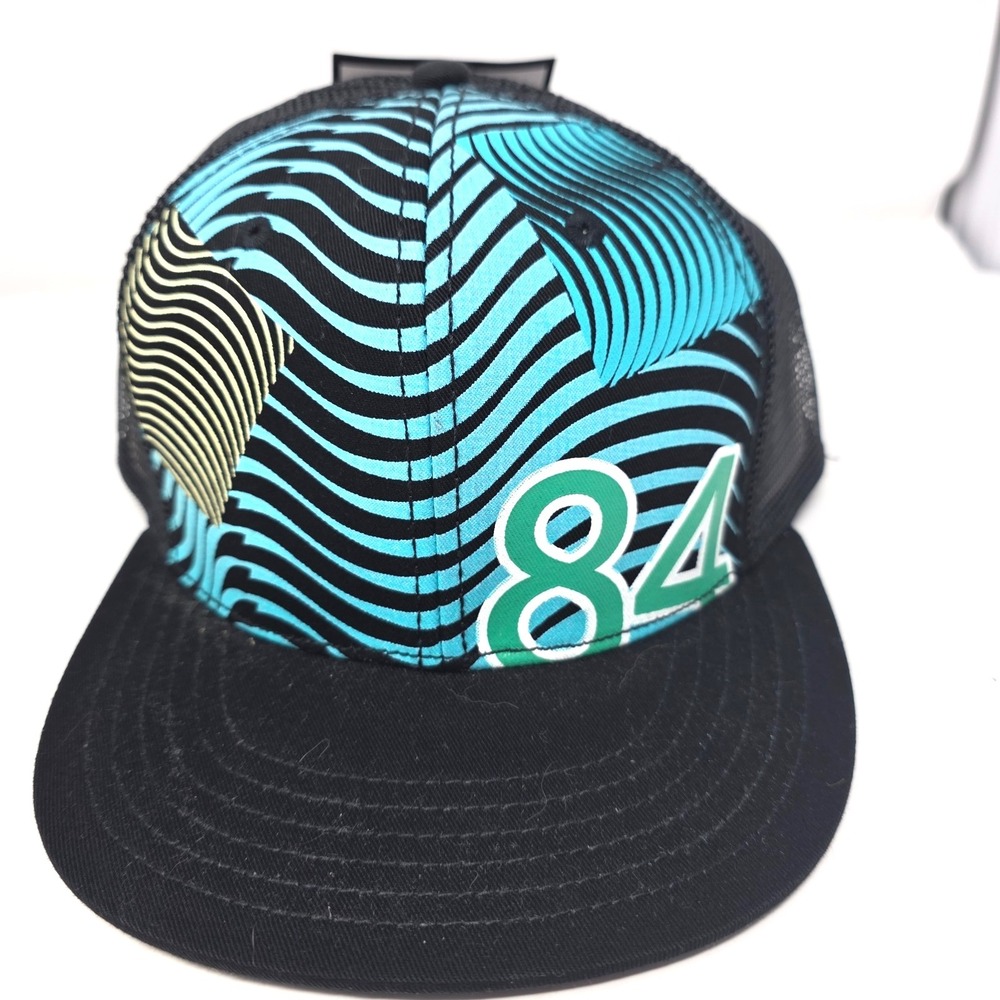 HYP Trucker Hat Mens 60cm Black Teal Geometric Waves Proto Mesh Snapback NWT